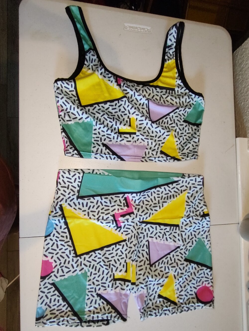 Retro 90s Neon Ribbed Workout Set Crop Top Biker Shorts Confetti XL